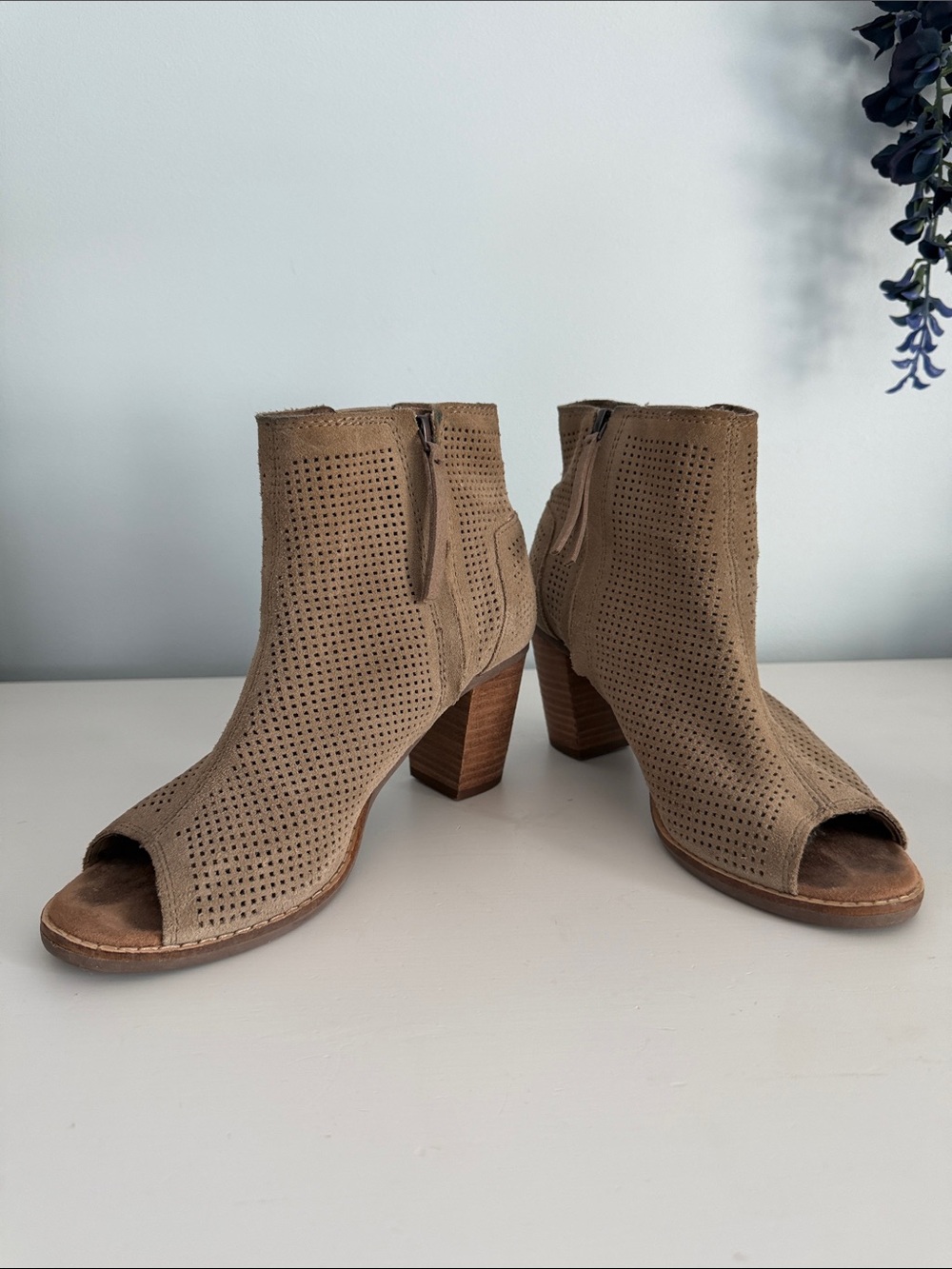Toms Tan Perforated Suede Peep-Toe Ankle Boots
